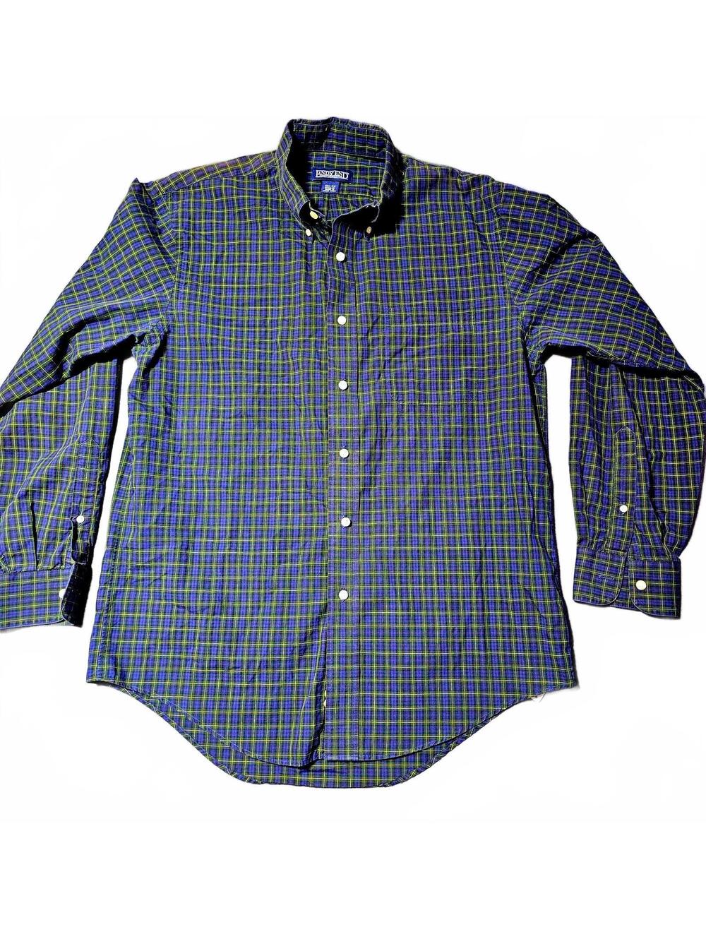 Lands End Men's Button Up Blue Green Plaid Flannel 15 1/2 34 Regular Cotton